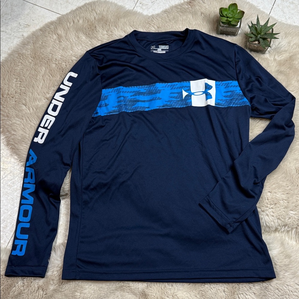 Under Armour Long Sleeve Tee Heat Gear Loose Youth Medium Navy Blue